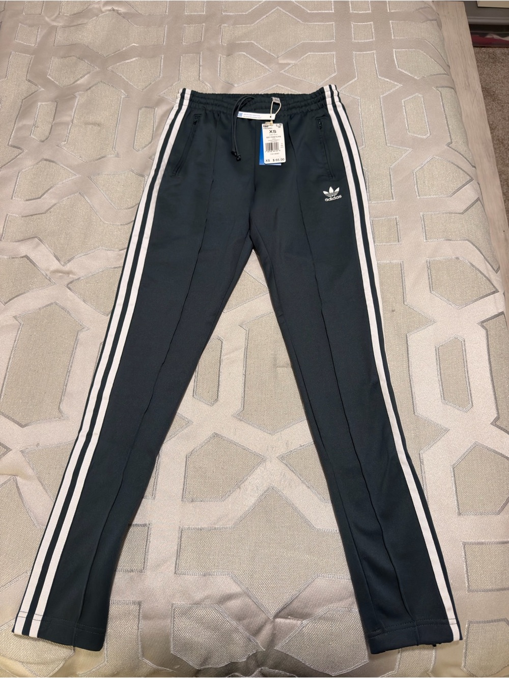 New Adidas Dark Green Track Pants with White Three-Stripes and Zippers